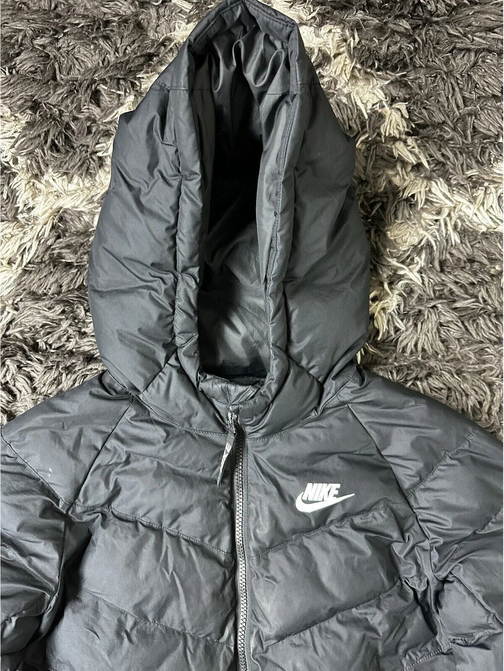 Nike Youth Kids Medium M Black Chevron Hooded Puffer Jacket Full Zip Winter Coat